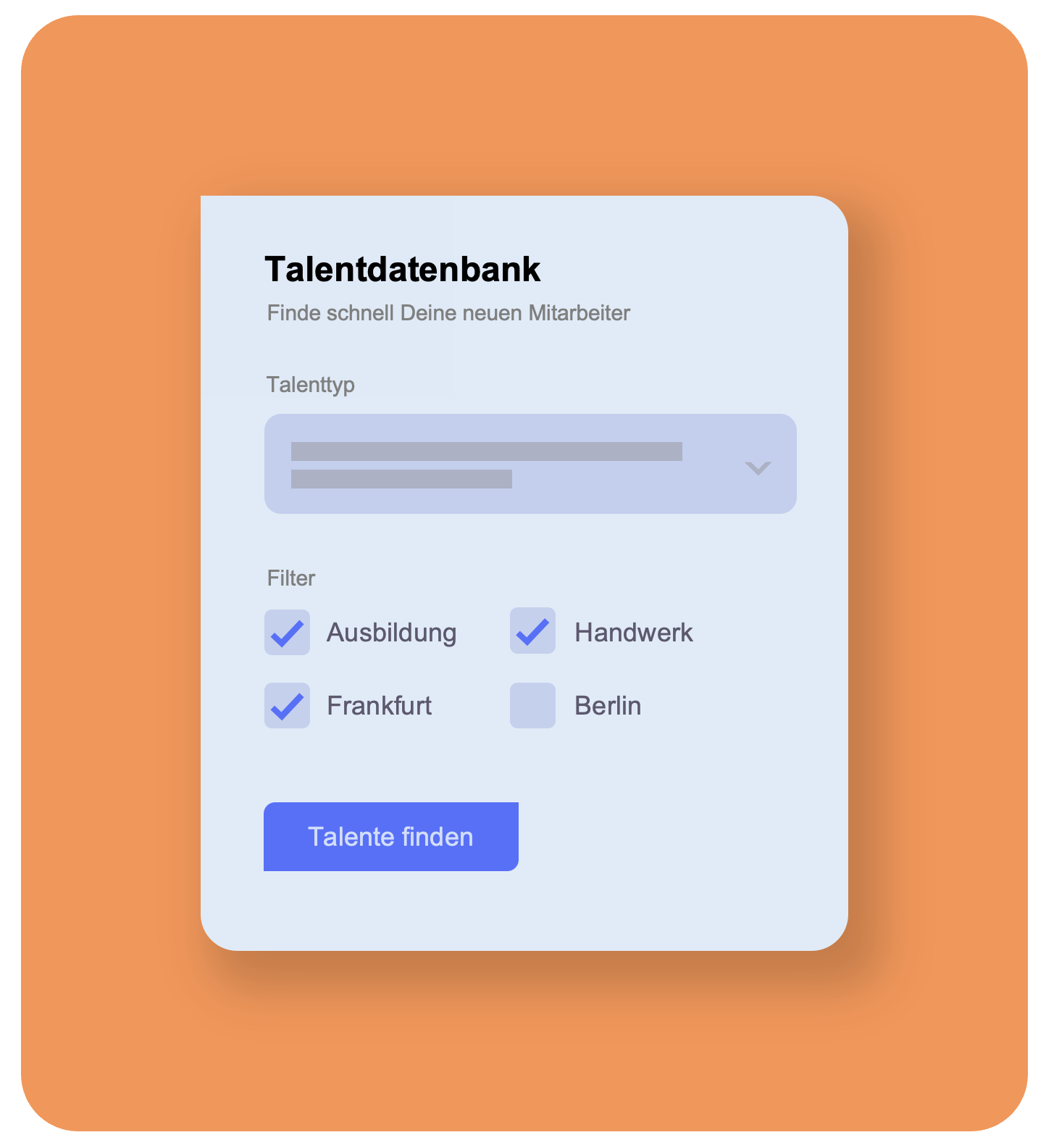 Suchfunktion der Talentdatenbank von YoungHeads. Ermöglicht unteranderem das Filtern nach Talenttyp, Ausbildung, Handwerk, Standort Frankfurt und Berlin.